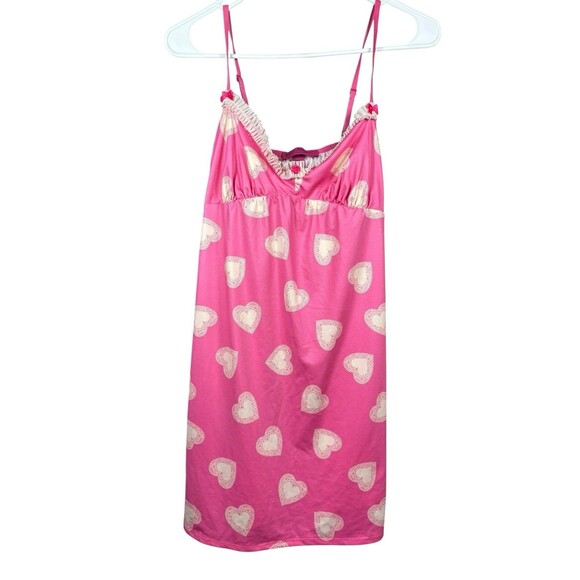 Betsey Johnson Intimates‎ Babydoll Slip Dress M Pink Heart Lace Y2K Vintage 00s - Picture 2 of 6